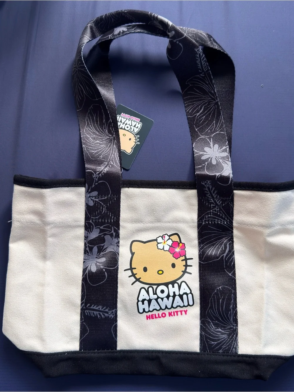 Hello Kitty Aloha Hawaii Canvas Tote Bag in Cream and Black with Pink Accent